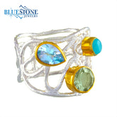Silver & Gold Ring with Green Amethyst, Amazonite and Topaz- Size 7